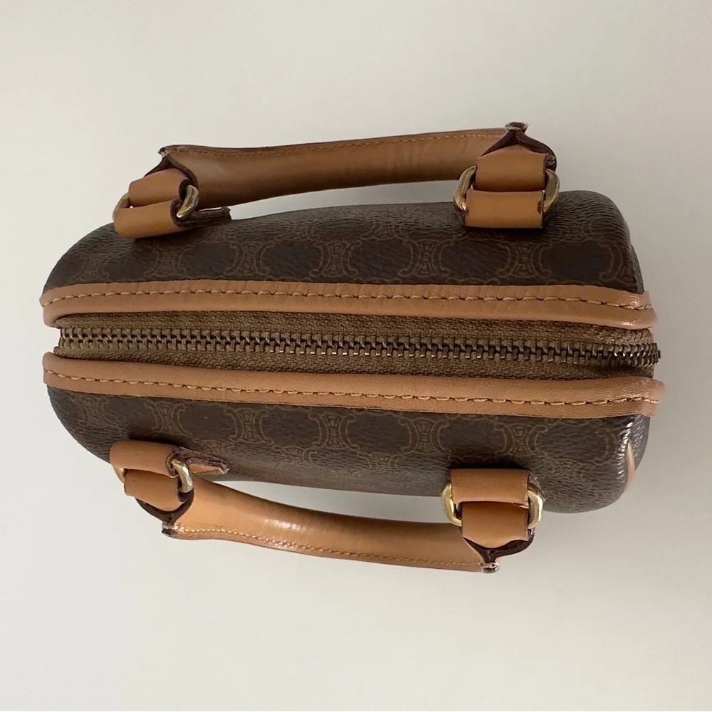 ✨CELINE Vintage Macadam Triomphe Canvas Leather Micro Mini Boston Handbag Brown - Picture 8 of 17